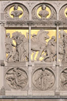 Reliefs on the facade of the central station, Amsterdam