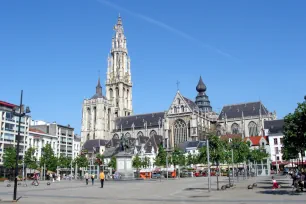 Cathedral or our Lady in Antwerp seen from groenplaats