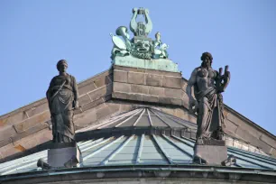 Statues of Apollo and a Muse on the Bourla Theater in Antwerp