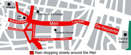 Map of the shopping streets around the Meir in Antwerp