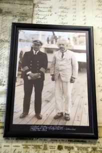 Albert Einstein posing with the captain of the SS Belgenland, Red Star Line Museum