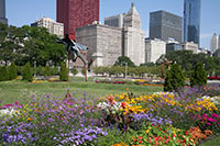 Flower beds and modern art in Grant Park