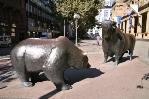 Bull and Bear statues in front of the stock exchange building in Frankfurt, Germany