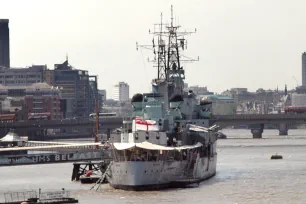 The HMS Belfast seen from the Tower Bridge in London