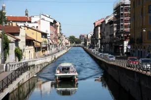 Cruise boat on the Naviglio Grande canal in Milan
