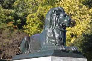 Lion statue guarding the Sir George-Étienne Cartier Monument in Montreal