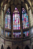Stained glass windows in the chancel of the St. Vitus Cathedral in Prague
