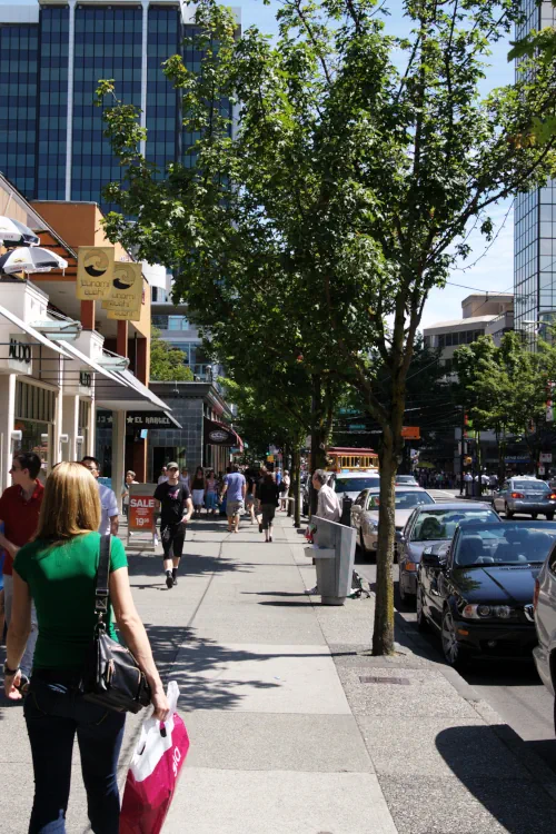 People walking along Robson Street, a popular shopping district in