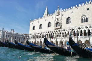 Gondolas parked in front of the Doge's Palace in Venice